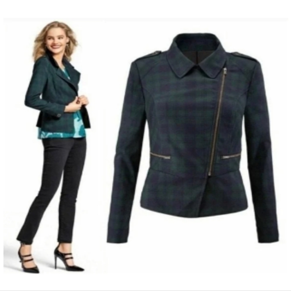 Cabi Blue and Green Plaid Asymmetrical Moto Zip Jacket Blazer 2